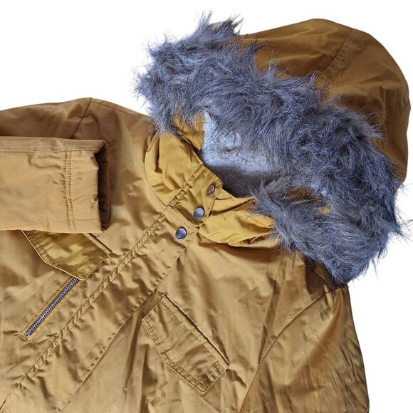 New Look Womens Parka Coat Size Small Gold Zip Up Hooded Faux Fur Winter - Picture 1 of 6
